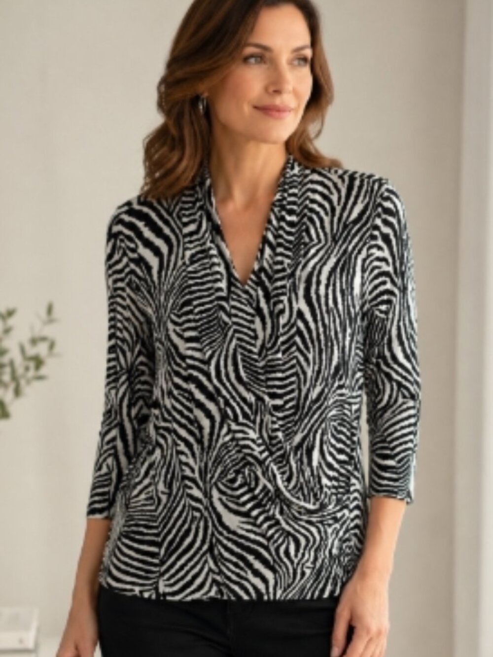 Chaus New York Womens XL Zebra Print Blouse Black White Surplice 3/4 Sleeve